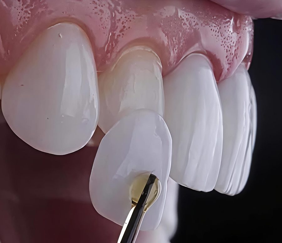Porcelain veneers being placed on the upper front teeth